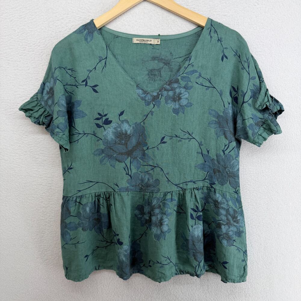 VALENTINA NALDI Top M 100% Linen Floral Peplum Blouse Ruffle Sleeve Green Italy